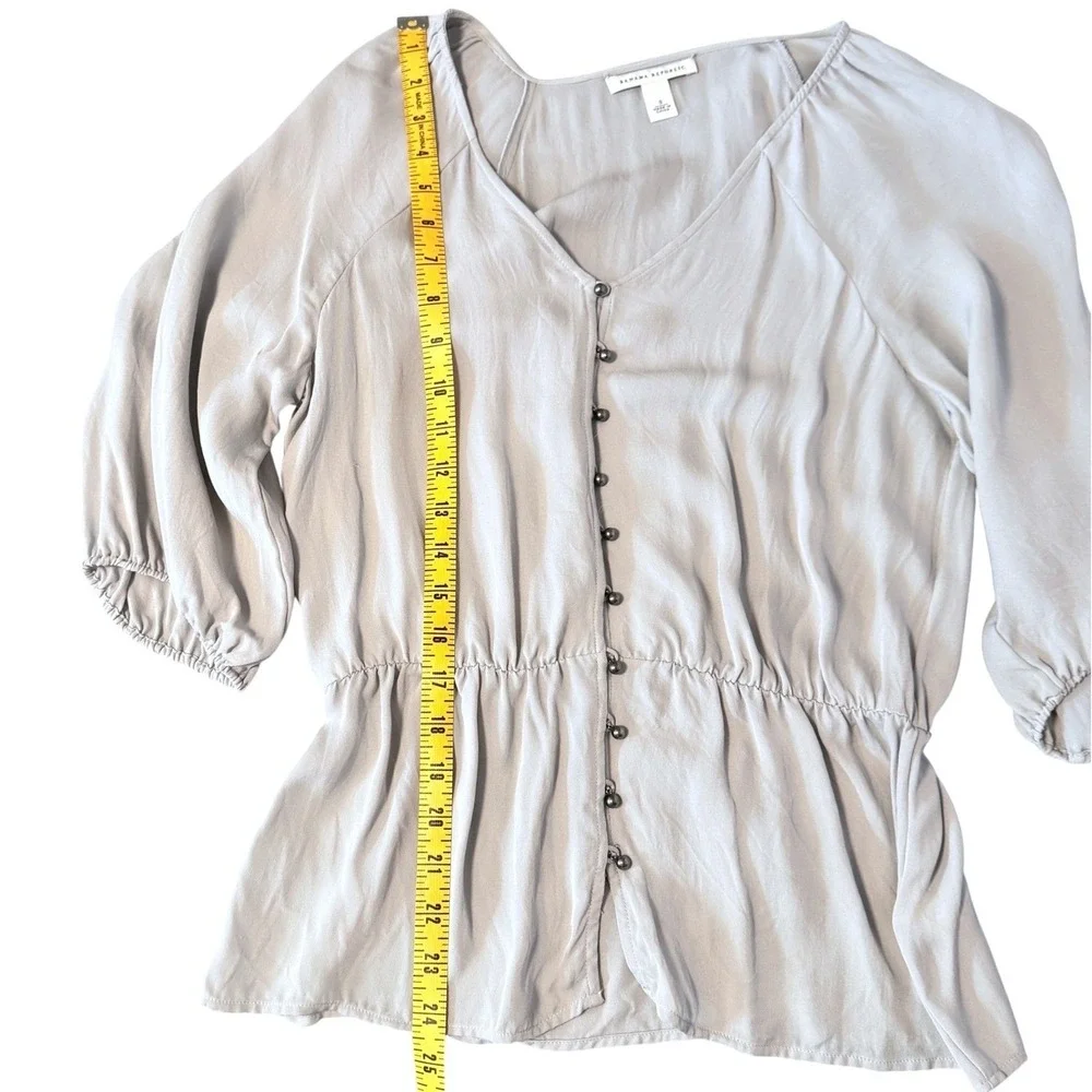 Banana Republic Silk Blouse Top Womens S Gray Feminine Renfair‎ Puff Sleeve